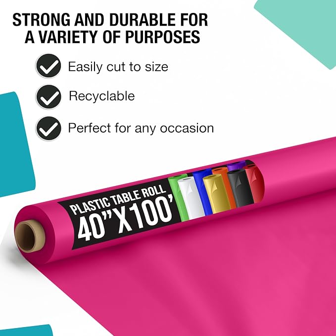Party Solids Cerise Plastic Table Cover Roll 6 Pack 40" X 100' Table Cloth Plastic Cover Roll - Premium Quality Thick 0.5 MIL Banquet Rolls - Disposable Tablecloth Rolls - Image 2