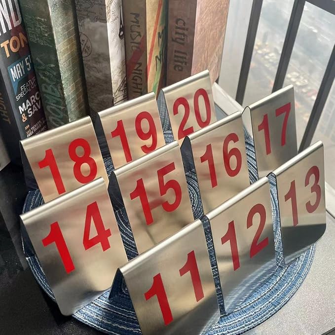 Metal Place Cards Stackable Tent Style Table Numbers,Place Card Holders for TRPG Wedding Party Restaurants Cafes Bars Gatherings Meeting Room Board Games (Red, Large 11-20) - Image 3