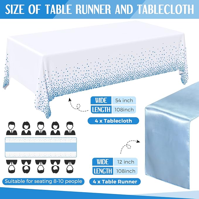 8 Pack Baby Blue and White Tablecloths and Satin Runners Set | 54x108 Inch Disposable Tablecloth and 12x108 Inch Satin Runners for Wedding Birthday Party Baby Shower Christmas New Year - Image 2