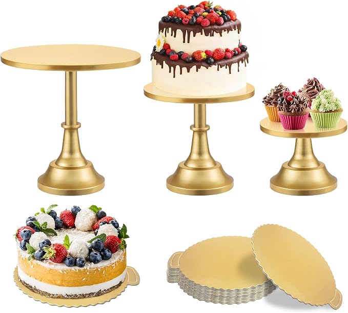 3 Pcs Cake Stand with 20Pcs Cakeboard Round, Cake Stand Set Disc Diameter 8" 10" 12", Perfect Dessert Table Display Set, Cupcake&Cake Stands for Party, Wedding, Birthday (Gold) by KVITTRA