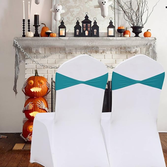 Turquoise Chair Sashes Bows 50 Pack, Spandex Blue Chair Cover Bands Ties Without Buckle for Gender Reveal Baby Shower Decoration - Image 6