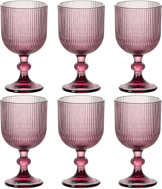 Purple Glasses Drinking Water Goblets set of 6 Colored Wine Glasses 13oz Pink Vintage Glassware for Wedding Party Bar Vertical Line Embossed Pattern Stemmed Cups 400ml