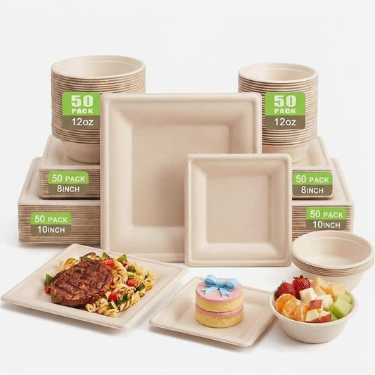 Havawish 150 Pcs Compostable Square Paper Plates and Bowls Set, 10" & 8" Heavy Duty Sugarcane Disposable Plates with 12 oz Biodegradable Bowls, Bulk Tableware for 50 Guests, Wedding & Dinner Parties by Havawish