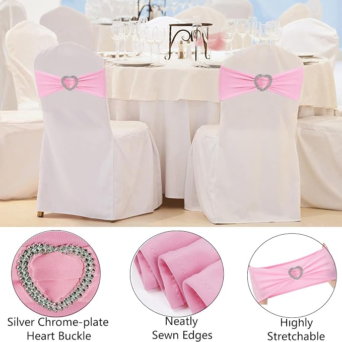 Pink Chair Sashes for Wedding 50 Pack Spandex Pink Sashes for Chairs Covers Stretch Chair Sashes Band with Heart Buckle Slider Wedding Sashes Bows for Banquet Party Decorations - Image 3