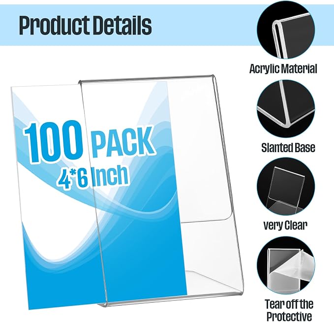 Geetery 100 Pack 4 x 6 Acrylic Sign Holder Bulk, Clear Plastic L Shape Table Sign Holder, Vertical Desktop Display Stand for Menu, Picture, Photo, Flyer, Restaurant, Wedding, Office, Store(4 x 6 Inch) - Image 4