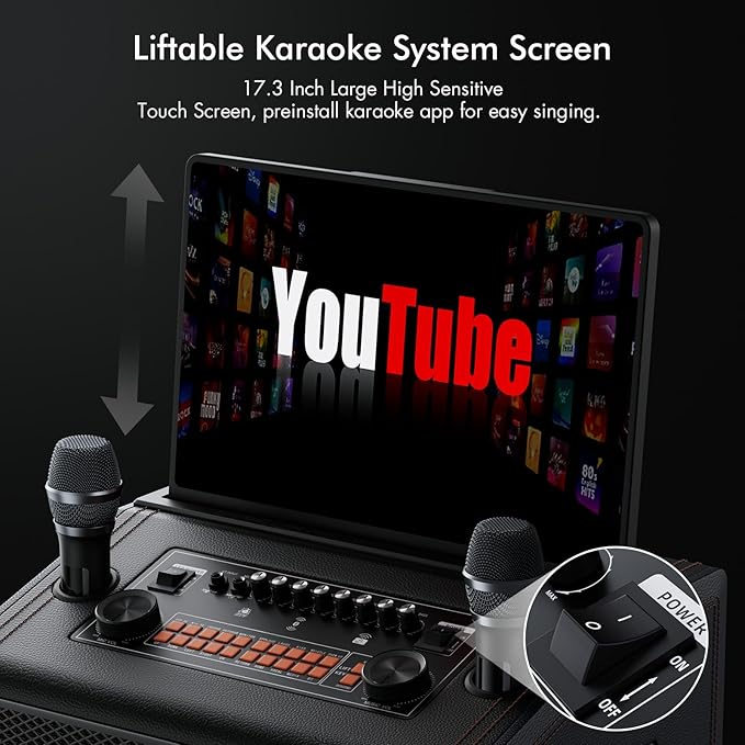 Smart Karaoke Machine with 17.3 Inch Touch Screen & Lyrics Display, Up to 1200W Powerful Speaker, Super Deep Bass Sound for Home Party, Outdoor - Perfect for Adults, Kids, Singers & Music Lovers