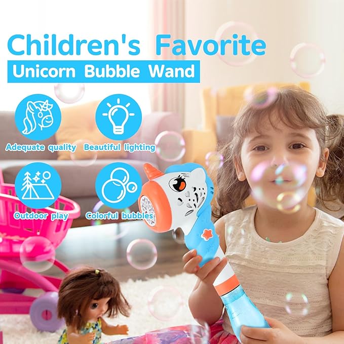 Unicorn Bubble Machine Wand for Kids Toddlers Age 1 2 3 4 5 6 7 8 Years Old Cute Birthday Party Easter Day Gift with Music&Light Baby Outdoor Outside Toy Game for Little Girl Boy Include Solution Blue