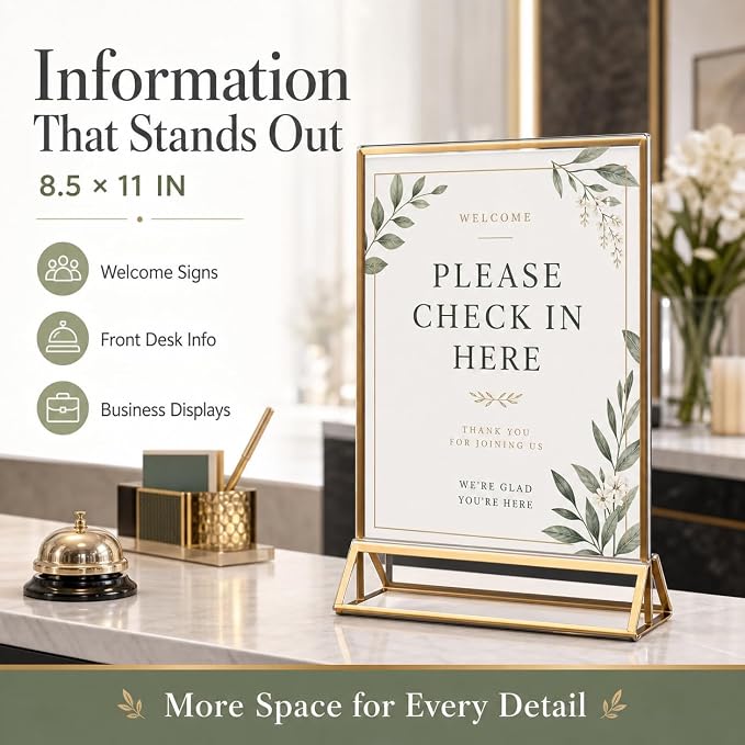 14 Pack Acrylic Sign Holder 8.5x11 Gold Frames, Wedding Table Number Holders Double Sided Vertical Clear Display Stand, Picture Holders for Tables, Menus, Flyers, Party and Office Decor - Image 4