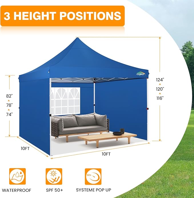 COBIZI 10x10 Pop Up with 3 Sidewalls, Canopy Tent 10x10 for Parties, Backyard, Commercial, Waterproof and Portable Instant Shelter UV50+ Outdoor Canopy Gazebo with 4 Sandbags(Light Blue)