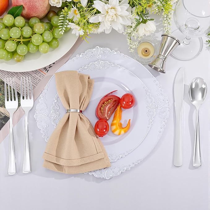 300Pieces Silver Plastic Silverware - Heavy Duty Disposable Utensils - Silver Plastic Cutlery Set Includes 100 Forks, 100 Spoons, 100 Knives for Dinner Parties Weddings