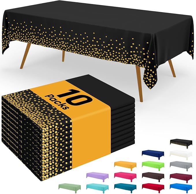 Smiry Disposable Table Cloth - 10 Pack, 54 x 108 Inch Waterproof Rectangle Tablecloths for Parties, Decorative Plastic Table Cover, Leakproof & Sturdy, Black & Gold by Smiry