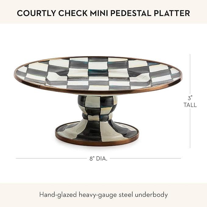 MACKENZIE-CHILDS Enamel Pedestal Serving Platter, Decorative Serving Dish for Food, Mini, Black-and-White Courtly Check