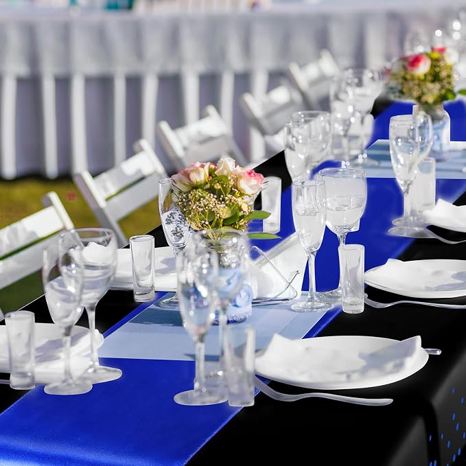 8 Pack Black and Blue Tablecloths and Satin Runners Set | 54x108 Inch Disposable Tablecloth and 12x108 Inch Satin Runners for Wedding Birthday Party Baby Shower Christmas New Year - Image 6