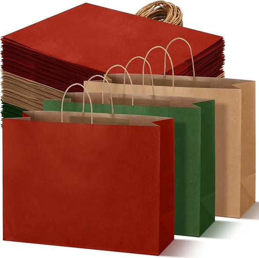 Kolldenn 120 Pcs Brown Red and Green Christmas Gift Bags Holiday Gift Kraft Paper Bags with Handles for Wedding Baby Shower Bridal Shower Shopping Party Favor Business (16 x 12 x 6 Inches) by Unknown