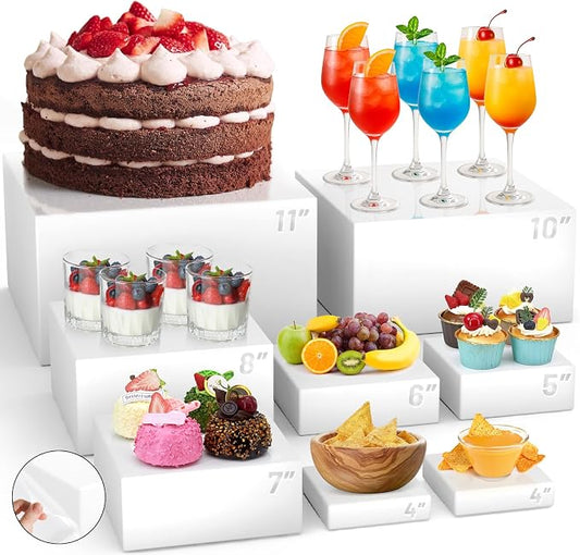 8 Pcs Acrylic Buffet Risers, Table Food Display Stands for Dessert Cupcake | White Display Shelves forFruit, Parties, Catering & Jewelry, with Protective Film, 7 Sizes (11", 10", 8", 7", 6", 5", 4", 4") by ZatozkarSuppliers
