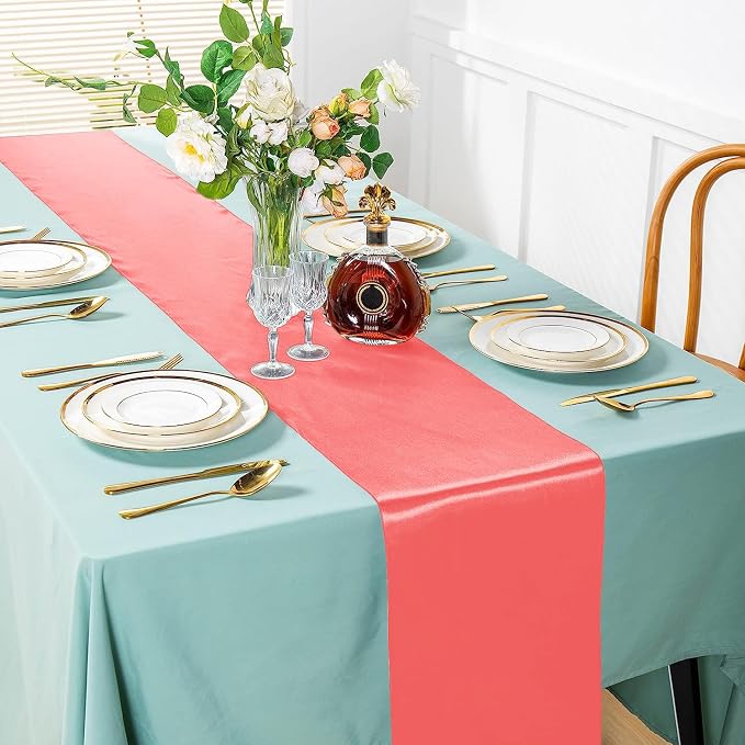 SI Pack of 30 Wedding 12 x 108 inch Satin Table Runner for Wedding, Decorations for Graduations, Engagements, Birthday Parties, Banquets, Runners fit Rectangle, Round Table - Coral - Image 2