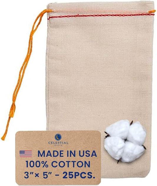 Celestial Gifts Small Cotton Muslin Drawstring Bags, 3x5 Inch, 25 Pcs | Reusable 100% Cotton Sachet Bags, Made in USA, Red Hem & Orange Drawstring, For Tea, Jewelry, Gifts, Herbs & Crafting by CelestialGifts