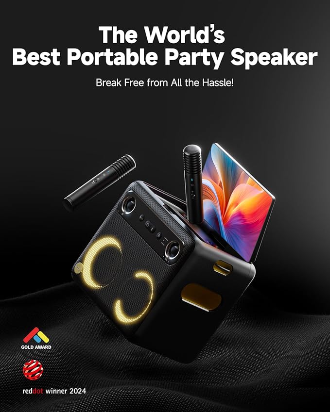 Professional Karaoke Machine for Adults, PA System, 300W Speaker with Built-in Screen with Lyrics Display with Self-Charging 2 Micphones，Support WiFi AUX HDMI for TV Projector