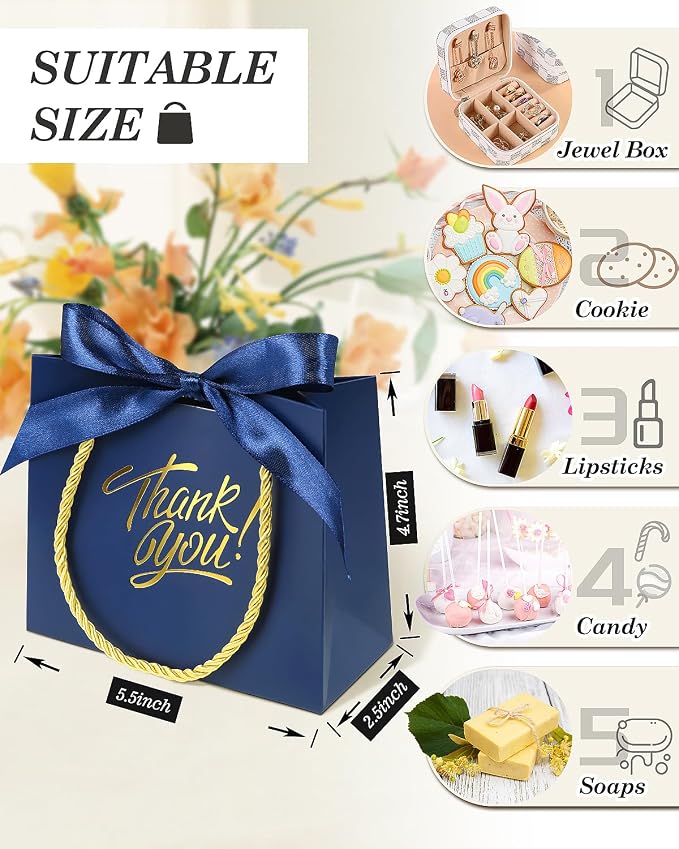 EQOREIIN 60 Pack Small Thank You Gift Bags with Handles & Ribbon, Navy | 5.5 x 2.4 x 4.7 Inches Mini Gift Bags for Girls Kids Birthday Mother's Day Wedding Christmas Goodie Candy Party Favors - Image 2
