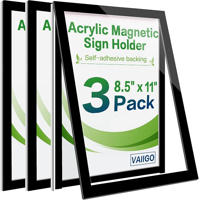 8.5" x 11" Acrylic Sign Holder Wall Mount, Self Adhesive Magnetic Display Frame with Nano Tape and Strong Magnetic Frames for Wall, Door, Glass, Home, Store, Office (Black, 3Pack) by VAIIGO