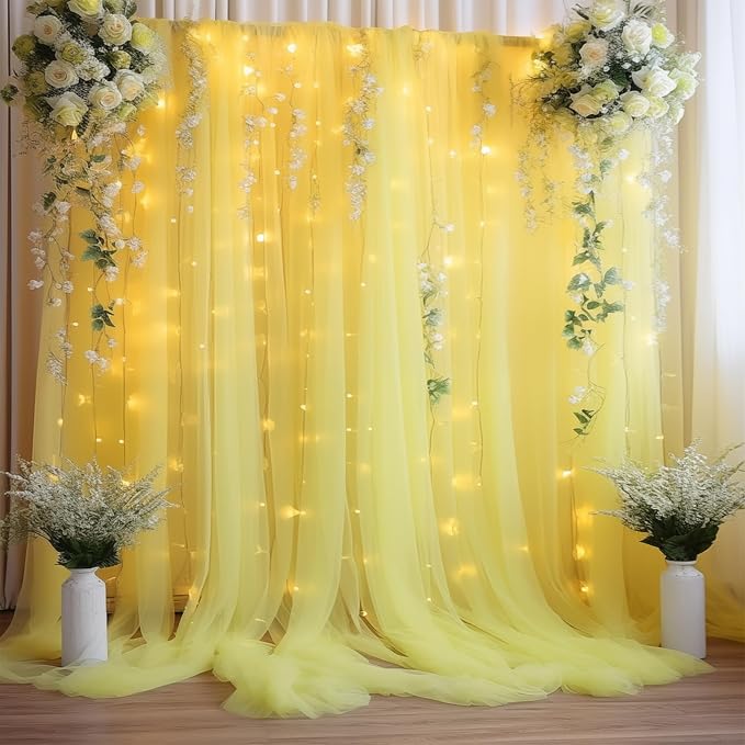 20ft x 10ft Yellow Backdrop Curtain with Lights String for Parties, Sheer Tulle Wedding Photo Backdrops Drapes for Baby Shower Birthday Party Decorations Background for Photography - Image 7