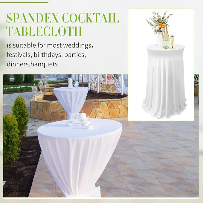 Tegeme 3 Packs Spandex Cocktail Table Cover Fitted with Skirt, White | 32x43 Inch High Top Tables, Stretch Tablecloth for Weddings Parties Banquets, Fitted Covers Wrinkle Resistant Elegant Design - Image 6