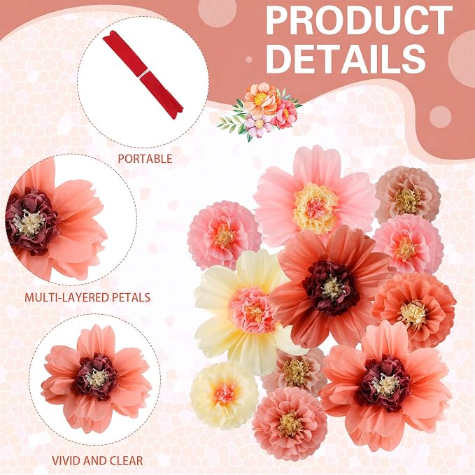 Crowye 12 Pcs Large Tissue Paper Flower Decor,20'' 31.5'',Vintage Color | Giant Craft Crepe Paper Flower, Colorful, for Wall Decorations Backdrop Mexican Wedding Birthday Carnival School Party - Image 4