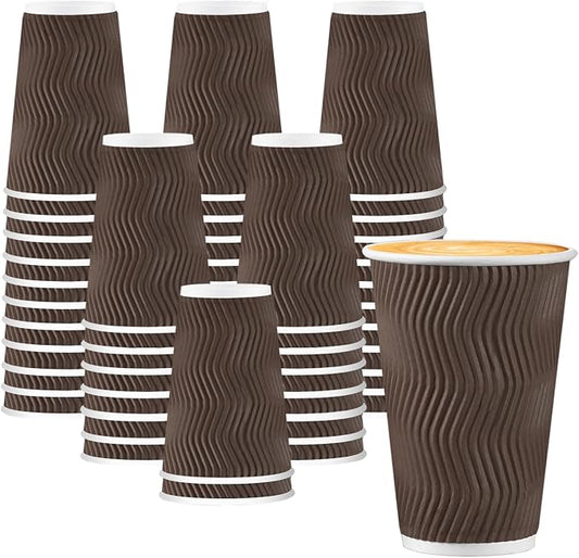 BYSNOW 90 Pack 16 oz Coffee Cups, Insulated Disposable Hot Paper Cups | Corrugated Ripple Wall Leakproof Drink Cups Without Lids Brown for Hot/Cold Beverages, Office, Home, Travel, Cafe, Party by BYSNOW