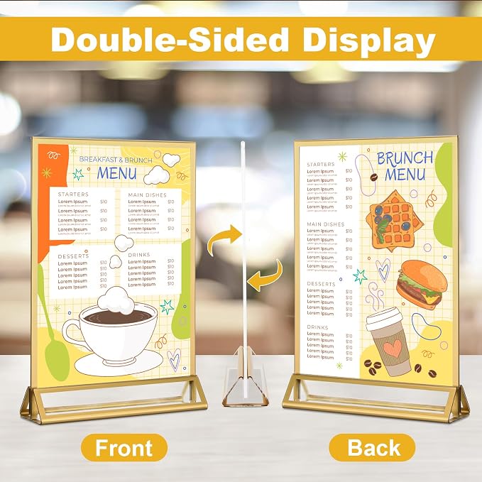 EHWINE 12 Pack Acrylic Sign Holder 8.5 x 11, Double Sided Gold Picture Frame Stand up Table Top Sign Holders, Clear Display Stand Menu Flyer Holder for Wedding Party (Provide Non-slip Mats) - Image 3