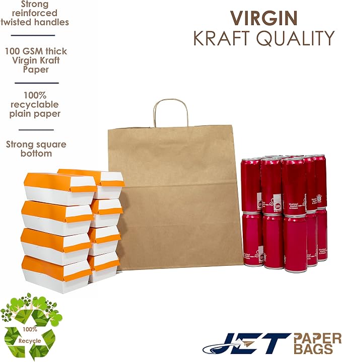 JET PAPER BAGS - 14”x9.5”x15.5” Inch [50 Pcs] Large Brown Paper Bags with Handles Prime for Takeout, Grocery, Goody, Retail, Party, Gifts, Weddings - Recyclable Kraft Paper Gift Bags with Handles - Image 3
