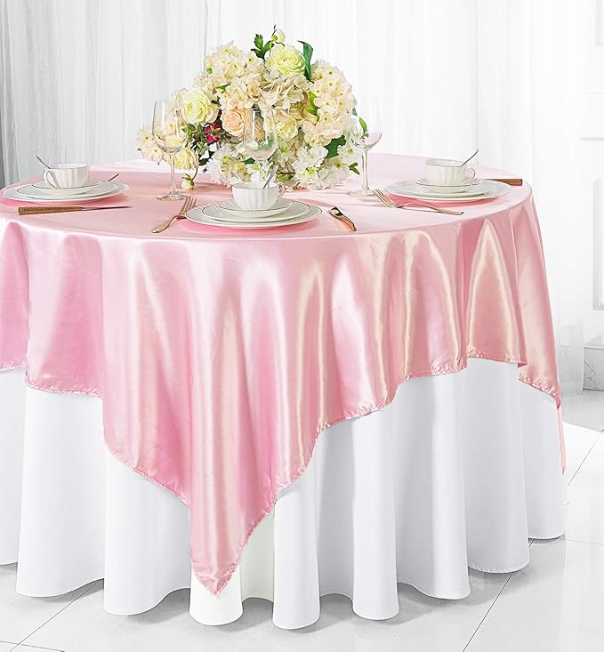 (2 PCS 54" Square Satin Table Overlays Toppers Tablecloths Table Overlay Cover Linens for Wedding Decoration Party Banquet Events - Pink