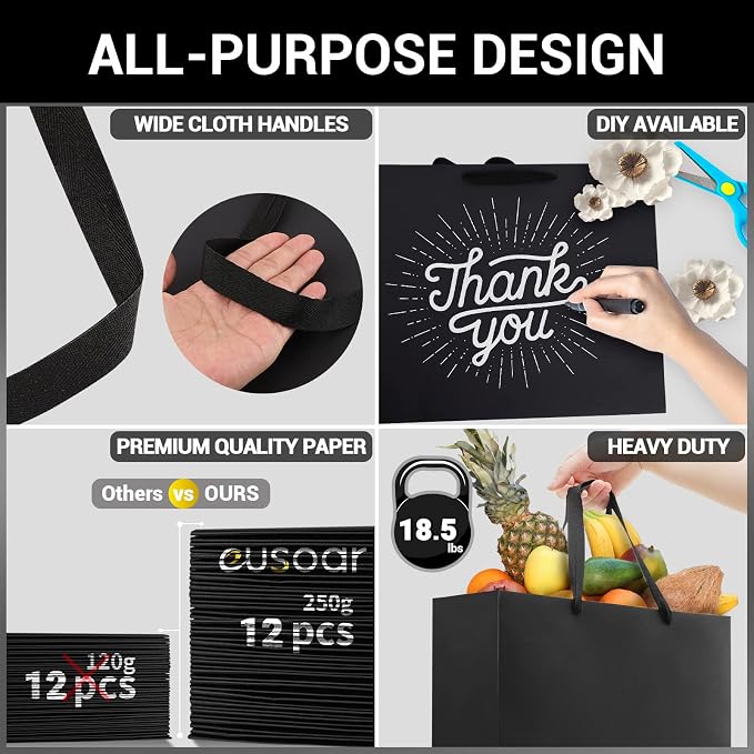 EUSOAR Black Large Gift Bags, 12 Pack 16"x 6"x 12" Paper Shopping Bags with Handles, Heavy Duty Kraft Paper Merchandise Bag Bulk, Party, Favor, Boutique, Merchandise, Retail Bag - Image 3