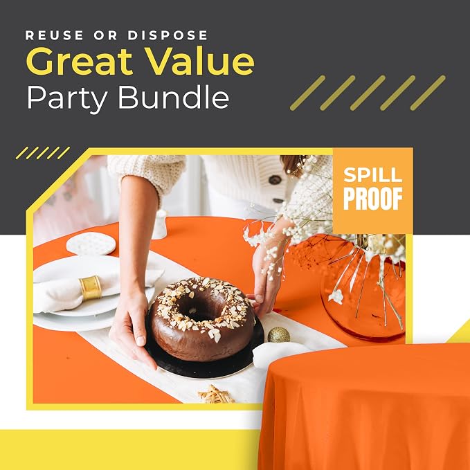 Premium Round Orange Plastic Tablecloth - 84 x 84 in. Disposable Plastic Table Cloth - Smooth Decorative Table Cover - For Parties, Weddings - Image 2