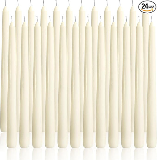 OSHINE Ivory 10 Inch Taper Candles - 24 Pack Long Taper Candles Dripless Unscented Smokeless & Emergency 7-8 Hours Long Burning Ivory Cndlesticks, Ideal for Valentine, Weddings, Party