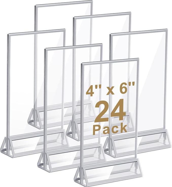24 Pieces 4 x 6 Clear Acrylic Sign Holder with Silver Borders and Vertical Stand, Double Sided Table Menu Holders Picture Frames for Wedding Table Numbers, Restaurant Signs, Photos and Art Display - Image 9
