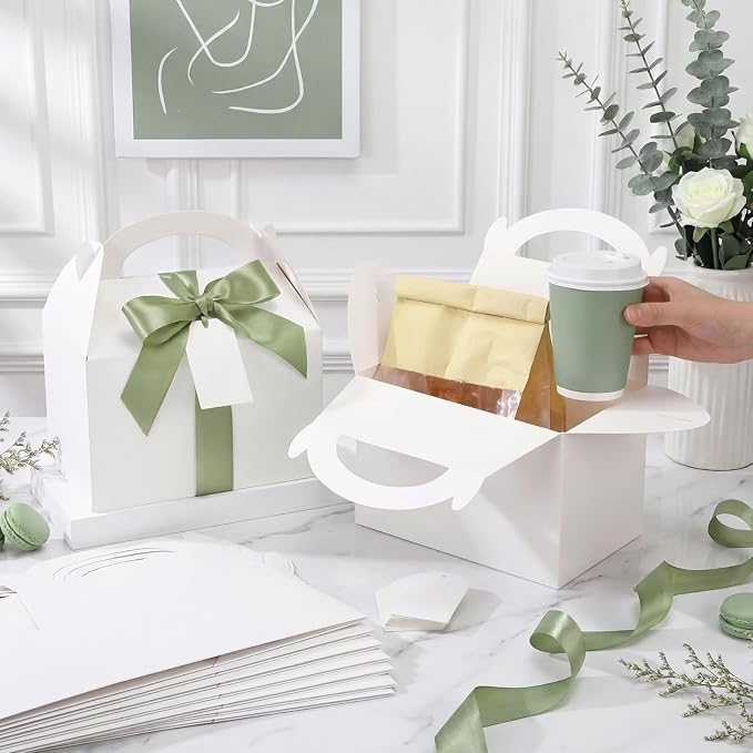Maitys 50 Set Large Gable Boxes with Handle, Ribbon, Tag, White,Sage Green | Party Favor Gift Boxes, Wedding Welcome Treats, Dessert Table Display, Elegant Satin Ribbon Bow, Personalized Name Tag - Image 4