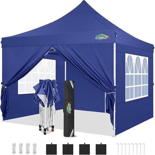COBIZI 10x10 Pop Up Canopy with 4 Sidewalls, Canopy Tent 10x10 for Parties, Backyard, Commercial, Waterproof and Portable Instant Shelter UV50+ Outdoor Gazebo with 4 Sandbags(Deep Blue)