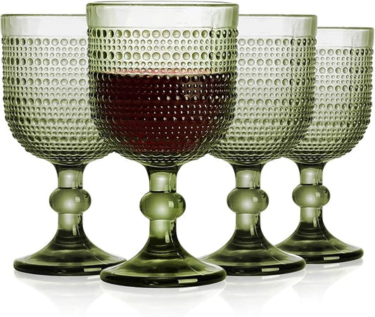 Green Wine Glasses Set of 4, 12oz Vintage Goblet Glasses, Embossed Glass Cups Hobnail Glassware for Weddings, Dinners, and Holiday Gifting