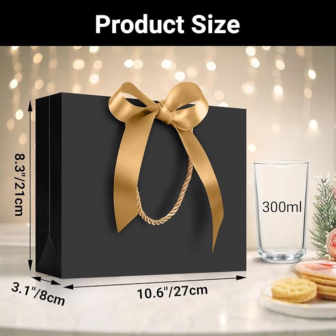 EUSOAR Gift Bags With Ribbon, 12pcs 10.6"x3.1"x8.3" Black Kraft Thank You Paper Bags With Bow Ribbon Handle, Shopping Welcome Gift Treat Bag for Wedding Baby Shower Guests Bridal - Image 2