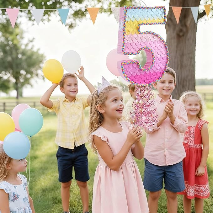 WERNNSAI Pink Sweet Five Pinata - Number 5 Pinata Happy Birthday Decoration Pink Rainbow Design Party Games for Girl Princess Baby Shower Party Favor with Blindfold Anniversary Celebration Supplies