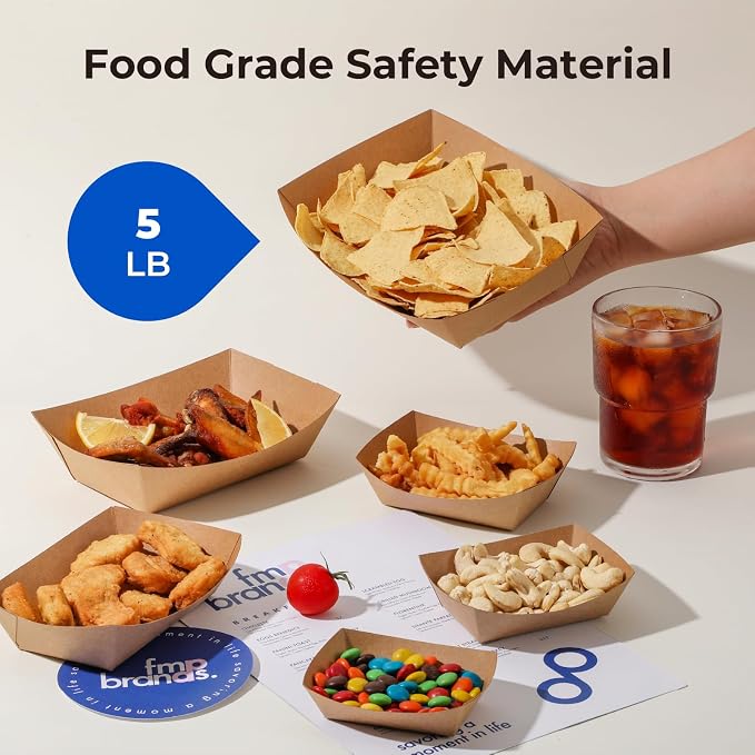 Fit Meal Prep [250 Pack 5 lb Paper Food Boats Heavy Duty Disposable Food Trays, Kraft Brown Nacho Tray for Parties Fairs Picnics Carnivals Holds Tacos Nachos Fries Hot Dogs Grease Resistant - Image 4