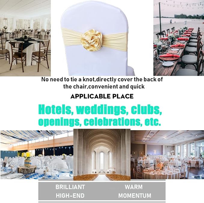Spandex Stretch Flower Chair Sashes Chair Bands Polyester Bows for Party Hotel Wedding Banquets Decoration （Light Gold 12 PCS） - Image 3