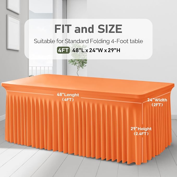 2 Packs Orange Table Clothes for 4 Foot Rectangle Tables, One-Piece Wrinkle Resistant Stretch Spandex Table Covers with Skirt for Event Banquet Wedding Birthday Party - Image 9