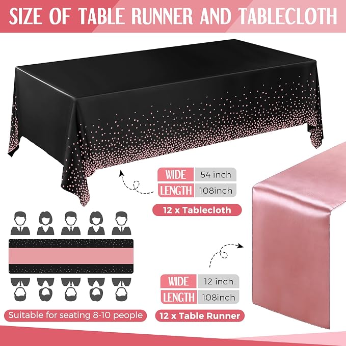 8 Pack Black and Rose Gold Tablecloths and Satin Runners Set | 54x108 Inch Disposable Tablecloth and 12x108 Inch Satin Runners for Wedding Birthday Party Baby Shower Christmas New Year - Image 2