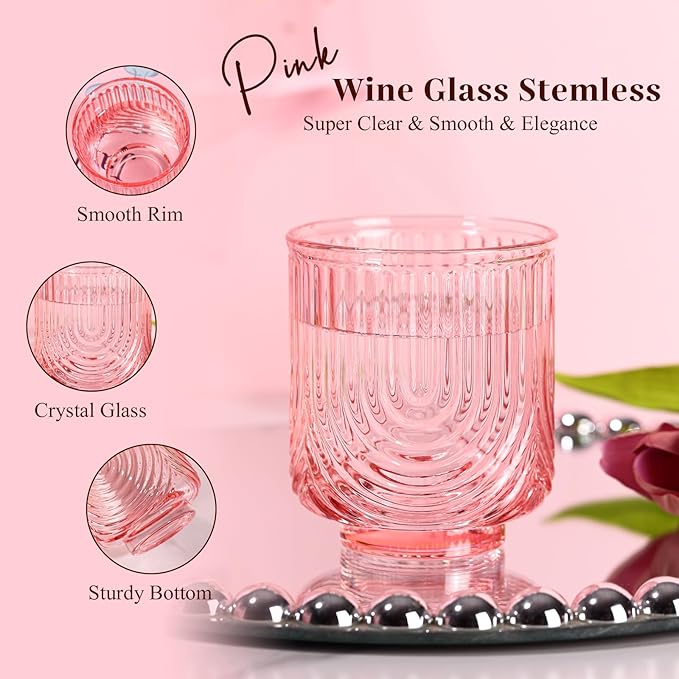 Pink Vintage Drinking Glasses Set of 6-15oz Hand-Blown Highball Ribbed Glassware, Arch Design Cocktail Glasses for Whiskey Water Beverages Ice Coffee Juice Milk