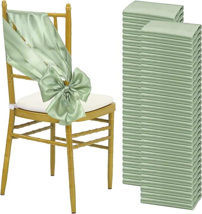 YMHPRIDE 60 PCS Sage Green Satin Chair Sashes,Ties Bows Designed Chair Sashes for Wedding Party Baby Shower Banquet Restaurant Hotel Folding Chairs Decoration(Sage Green,7x78 inch) by YMHPRIDE
