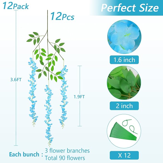 12Pcs Wisteria Hanging Flowers, Blue Artificial Flowers | 3.6Ft/Pcs Fake Wisteria Garland for Wedding Party Home Garden Indoor Outdoor Decoration - Image 2