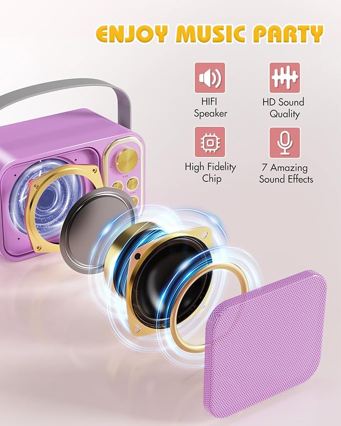 Mini Karaoke Machine for Kids Adults, Portable Bluetooth Speaker with 2 Wireless Microphones, Kids Karaoke Machine for Girls Boys, Toys Birthday Gifts for 3-12+ Years Old Toddler (Purple)