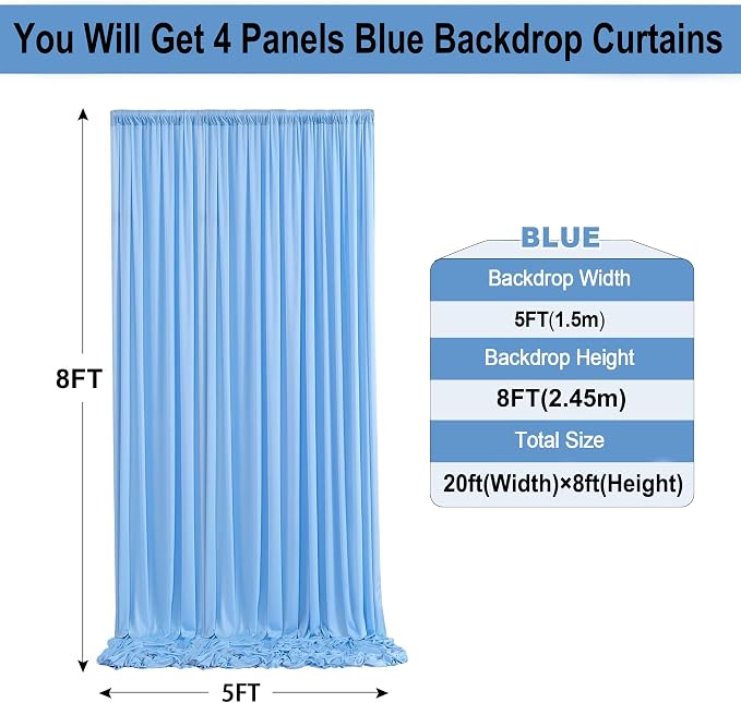 20ft × 8ft Wrinkle Free Baby Blue Backdrop Curtain for Boy Birthday Party, 4 Panels 5×8ft Soft Silky Polyester Blue Photo Backdrop Drapes for Baby Shower Gender Reveal Wedding Photography - Image 5