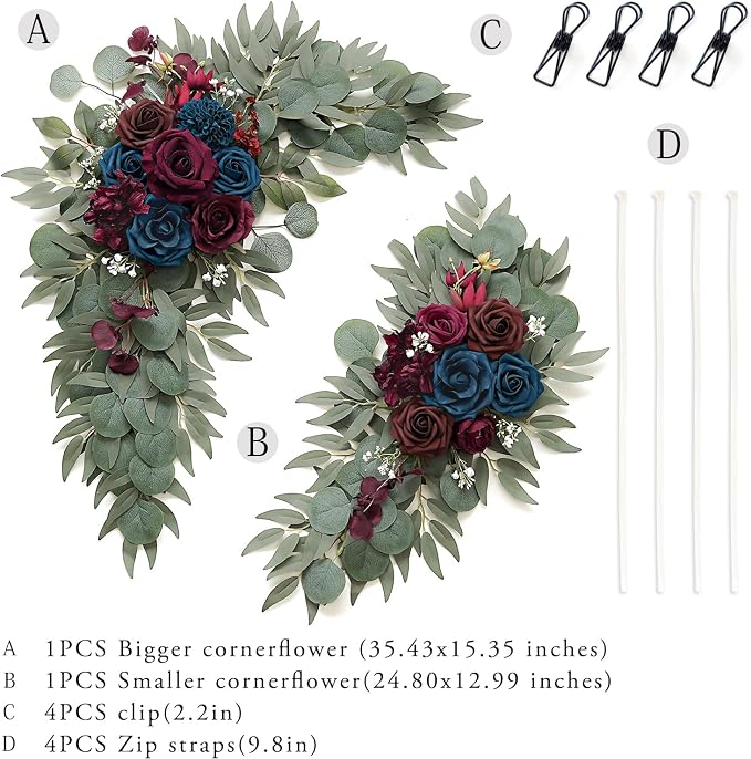 Olalaka Navy and Burgundy Flower for Wedding Welcome Signs Decorations, Artificial Burgundy Wedding Arch Flowers for Wedding Ceremony (Set of 2) - Image 2